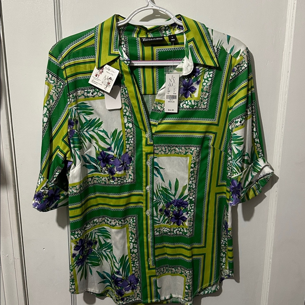 New York & Company Green and Purple Striped Floral Shirt